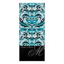 Regal Teal Monogram Damask Wedding Menu Announcements