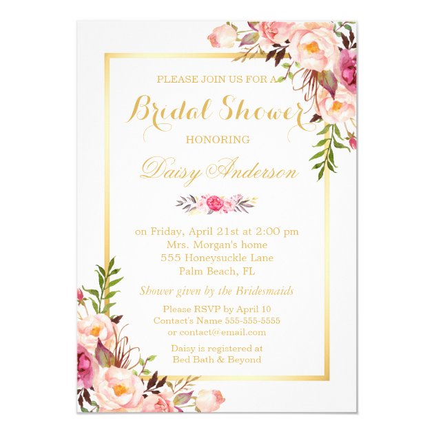 (Registry) Bridal Shower Chic Floral Golden Frame Card