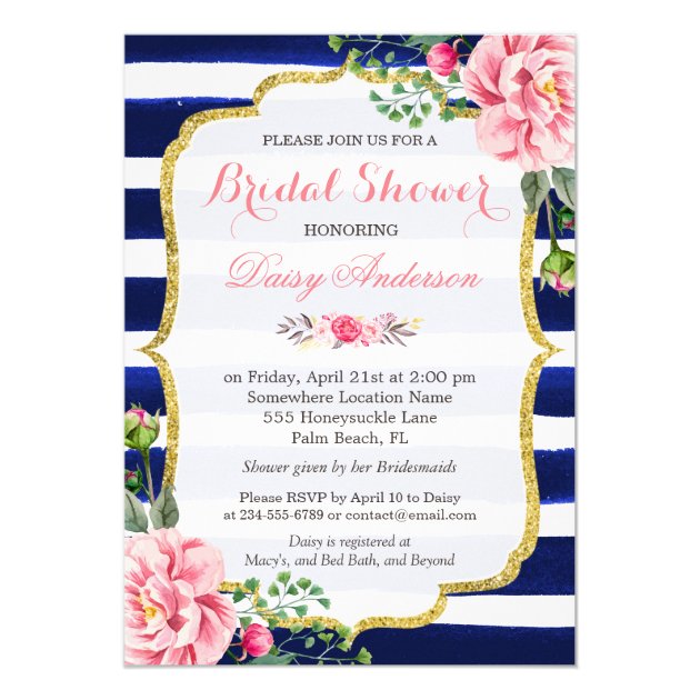 (Registry) Bridal Shower Navy Blue Stripes Flowers Card