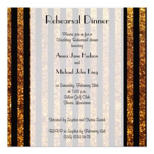 Rehearsal Dinner Glitter Stripes Lines Gold Black Personalized Announcement