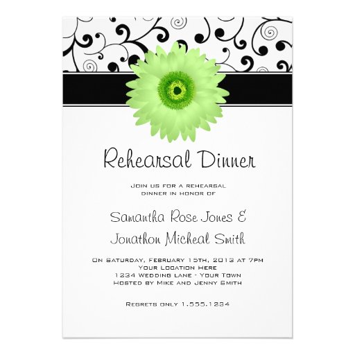 Rehearsal Dinner Green Gerbera Daisy Black Scroll Custom Invitation