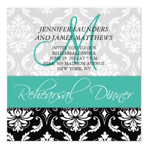 Rehearsal Dinner Invite Damask Monogram Turquoise