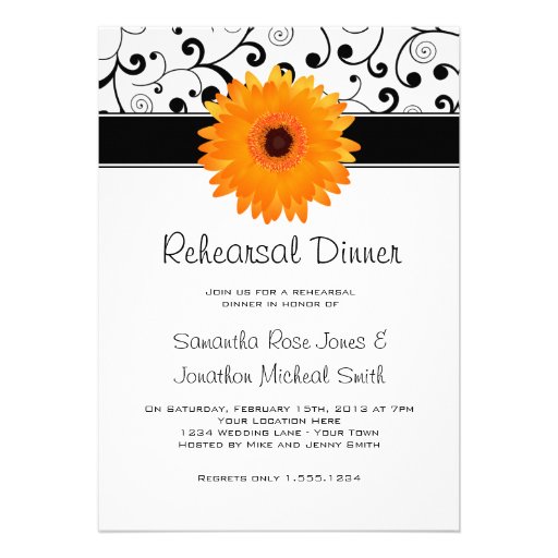 Rehearsal Dinner Orange Gerbera Daisy Black Scroll Personalized Invite