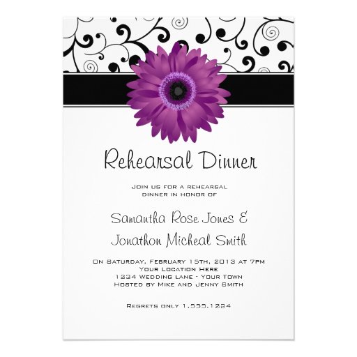 Rehearsal Dinner Purple Gerbera Daisy Black Scroll Invite