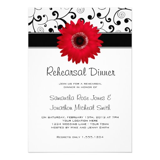 Rehearsal Dinner Red Gerbera Daisy Black Scroll Personalized Announcement