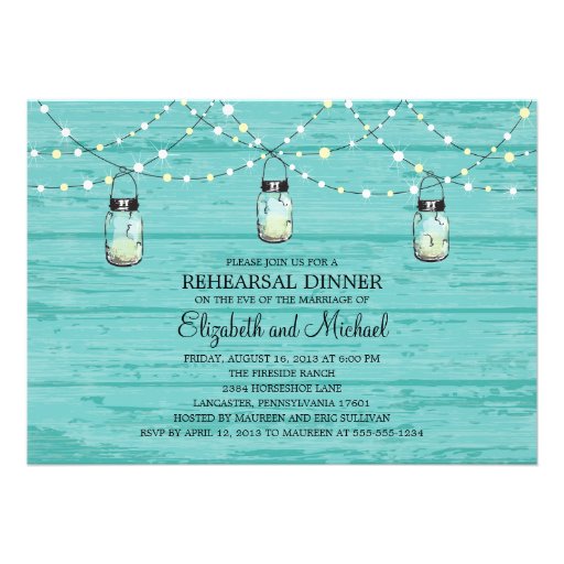 Rehearsal Dinner Rustic Wood Mason Jar and Lights Custom Invite