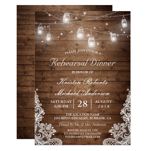 Rehearsal Dinner Rustic Wood Mason Jar Lights Lace Card (front side)