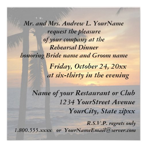 Rehearsal Dinner Sunset Beach Palm Tree Personalized Invites