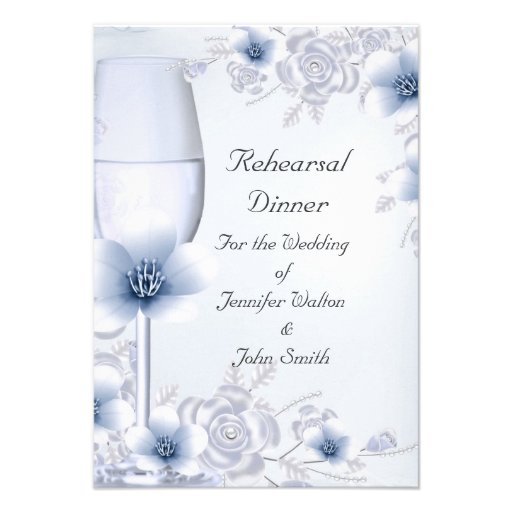 Rehearsal Dinner Wedding Silver Blue Rose Blossom Personalized Invitation
