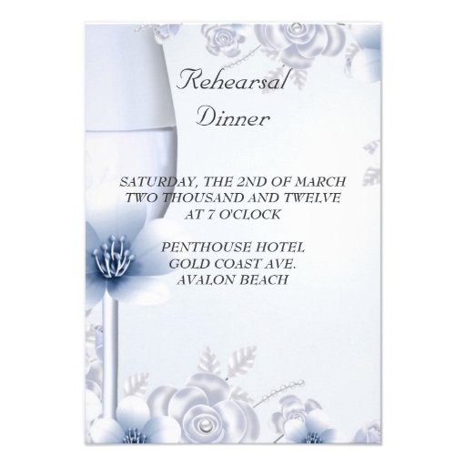 Rehearsal Dinner Wedding Silver Blue Rose Blossom Personalized Invitation