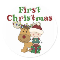 Reindeer First Christmas T-shirts and Gifts Round Stickers