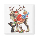 square_magnet - Vintage Russian illustration with Santa and child riding a Reindeer. Santa+Claus is handing out gifts to a little bear and rabbit. Wonderful Christmas scene available on gifts and clothing.: Sizes 