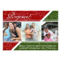Rejoice! Green and Red Swirl Photo Christmas Card