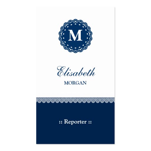 Reporter Elegant Blue Lace Monogram Business Cards