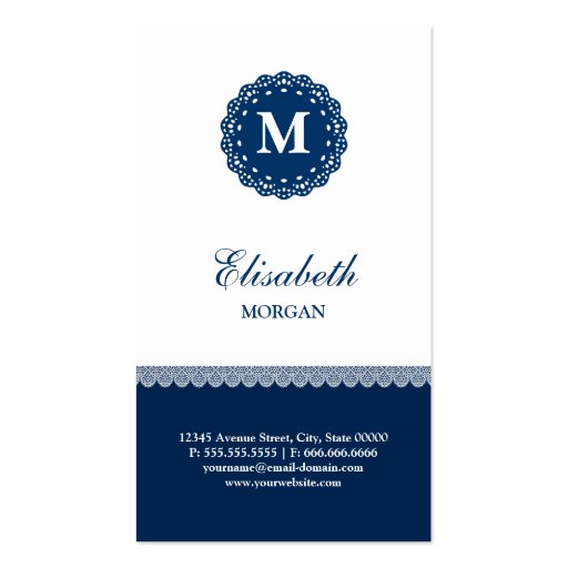 Reporter Elegant Blue Lace Monogram Business Cards (back side)