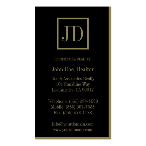 Residential Realtor Black/Gold Square Monogram Business Card (back side)