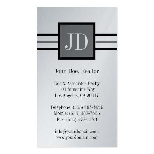 Residential Realtor Broker Monogram Platinum Paper Business Card Templates (back side)