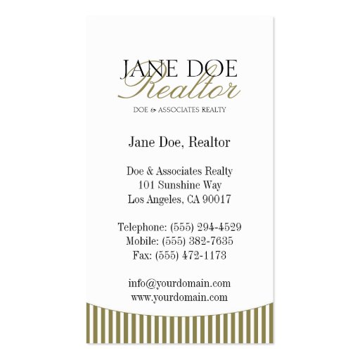 Residential Realtor Gold Script Stripes White Business Card (back side)