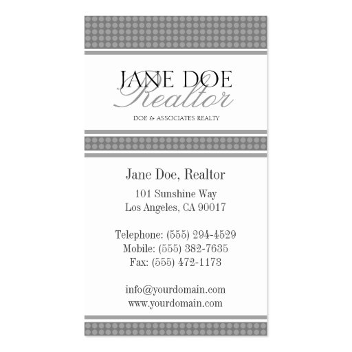 Residential Realtor Silver Script Dot/White Paper Business Card Template (back side)