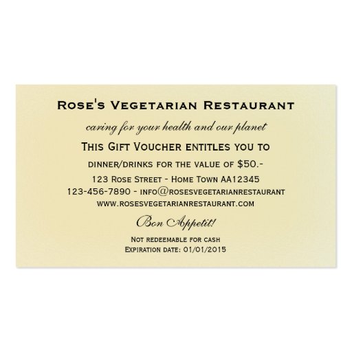Restaurant Gift Certificate or Gift Voucher Business Card (back side)