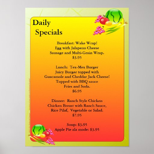 Restaurant Supplies Daily Specials Sunrise Cafe Poster | Zazzle