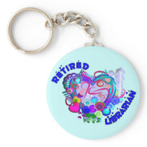 Retired Librarian Artsy Retro Blue Heart Key Chain
