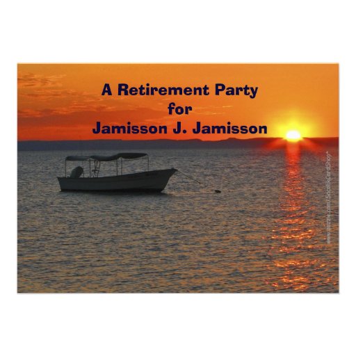 Retirement Party Invitation Fishing Boat at Sunset (front side)