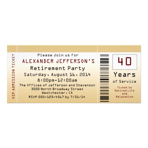 Retirement Party Invitation Goldtone Ticket (front side)