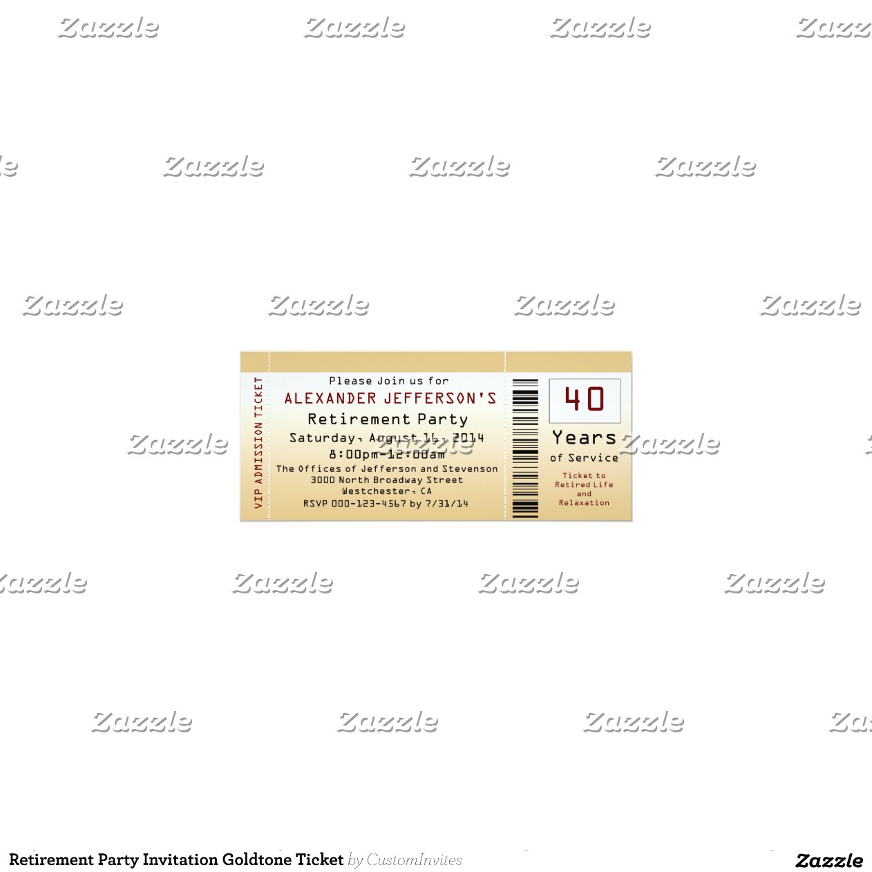 Retirement Party Invitation Goldtone Ticket 4" X 9.25" Invitation Card