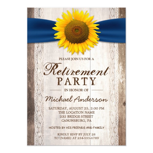 Retirement Party Rustic Barn Wood Sunflower Ribbon Card (front side)