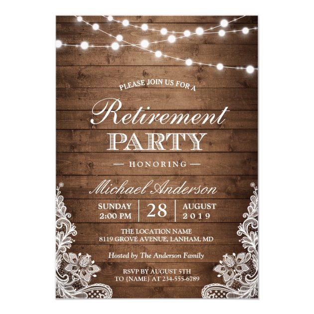 Retirement Party | Rustic Wood String Lights Lace Card (front side)