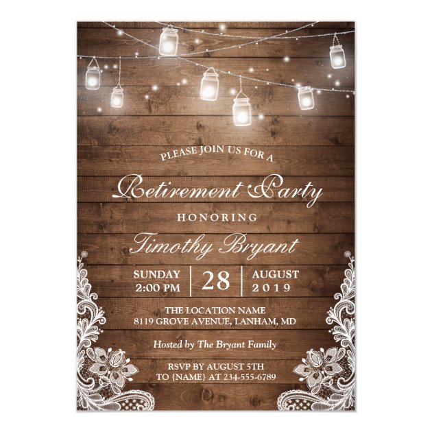 Retirement Party | Rustic Wood String Lights Lace Card