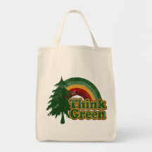 Retro 70s Rainbow, Think Green Tote Bags