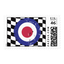 Retro aged mod target on check background postage stamp