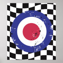 Retro aged mod target on check background posters
