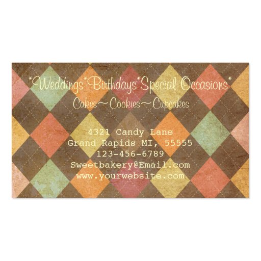 Retro Argyle Cupcake Bakery Business Card Template (back side)