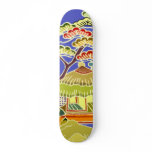 Retro Asian Fantasy City Design Skateboard