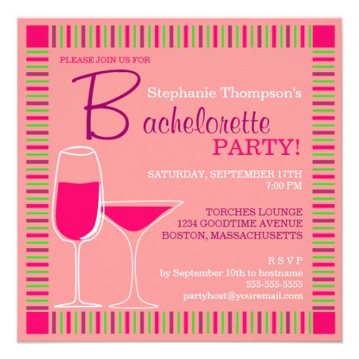 Retro Bachelorette Party Pink Cocktails Invitation