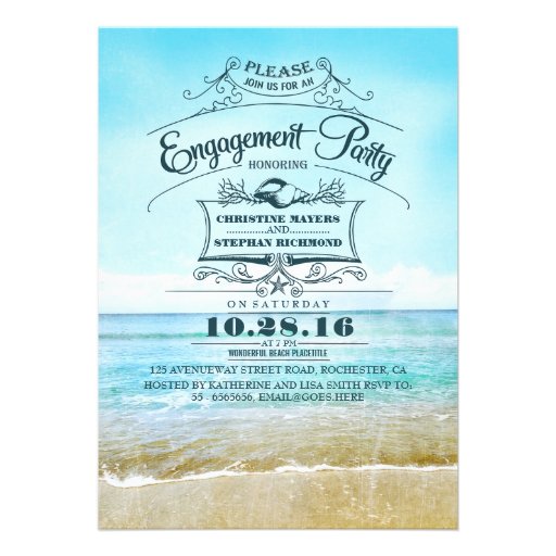 Retro beach blue ombre engagement party invites (front side)