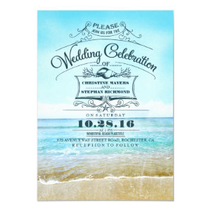 Retro beach wedding invitations blue ombre seaside 5