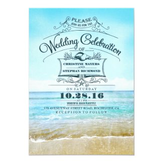 Retro beach wedding invitations blue ombre seaside