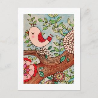 Retro bird, branch, and flowers postcard
