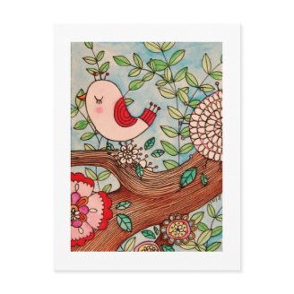 Retro bird, branch, and flowers postcards