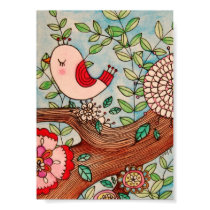 Retro bird, branch, and flowers posters