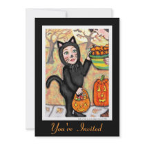 Retro Black Cat Halloween Costume Invitation