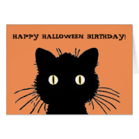 Retro Black Cat Happy Halloween Birthday Card