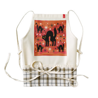 Retro Black Cats Fantasy with Starbursts on Orange Zazzle HEART Apron