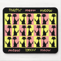 Retro Black Cats on Pink & Yellow Checkerboard mousepads by JuJuGarden Retro Black Cats on Pink & Yellow Checkerboard mousepads