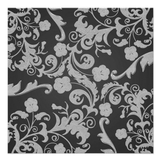 Retro Black Grey Metallic Floral 21st Birthday 3 Announcement