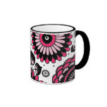 Retro Black & Hot Pink Floral Pattern mugs
